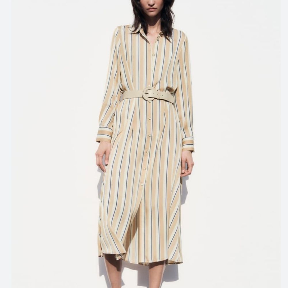 Zara Striped Belted Midi Dress Long Sleeves Tan,White,Blue Size Xs Nwt